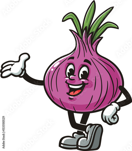 Cartoon character of red onion with a welcoming or offering pose