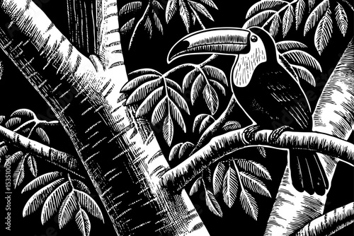 toucan sitting on a rainforest tree with a large curved beak black and white sketch vector