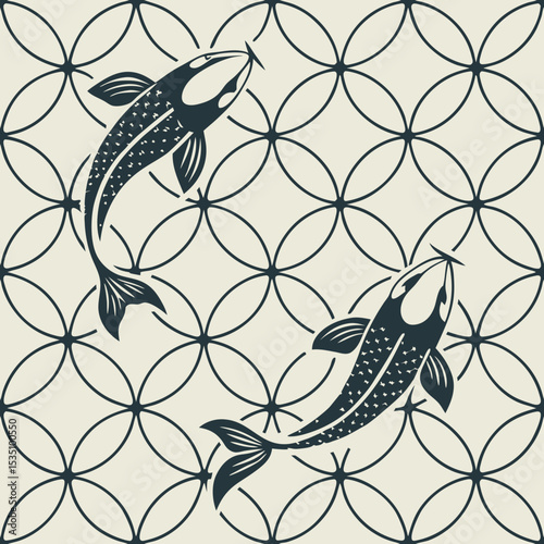 Intricate fish design in seamless vector pattern on light background  