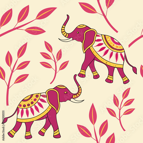 Colorful elephants in traditional Indian design with floral patterns seamless vector pattern  