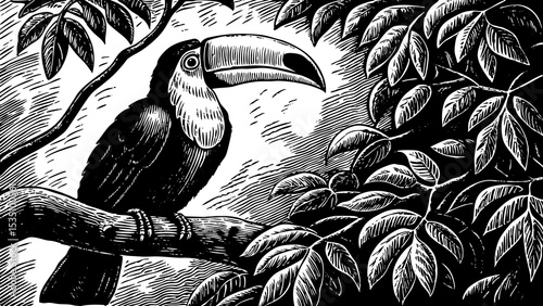 toucan sitting on a rainforest tree with a large curved beak black and white sketch vector