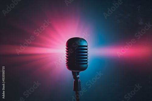 Retro microphone on a dark background with neon backlight.