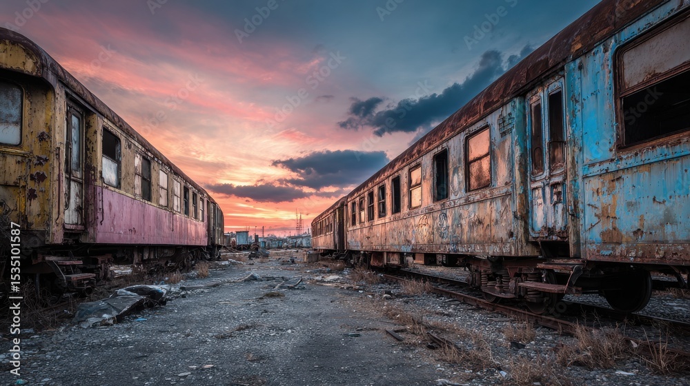 Obraz premium Stunning photo of abandoned rusty train carriages at dusk, fading echoes of the past.