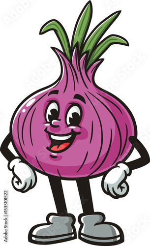Cartoon character red onion is laughing happily