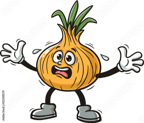 Cartoon character onion is panicking and scared