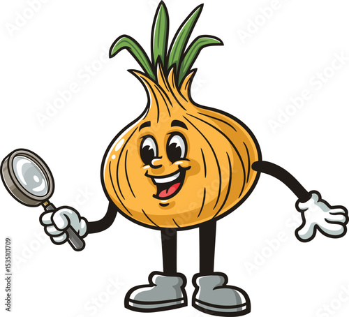 Cartoon character onion holding a magnifying glass