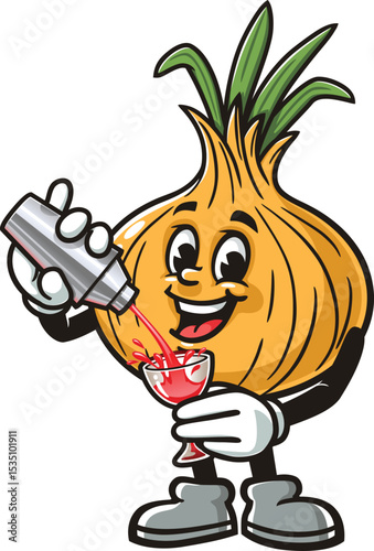 Cartoon onion character making a cocktail