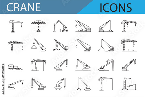 Line art icons of cranes, excavators, and other heavy machinery for use in construction designs
