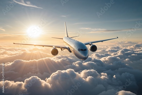 A passenger plane flying in the clouds in the rays of the sun.