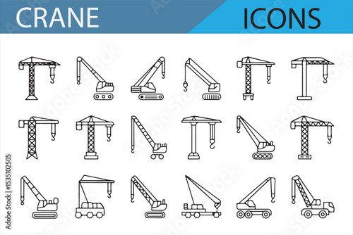 Vector icons of cranes, forklifts, loaders, and other industrial lifting equipment