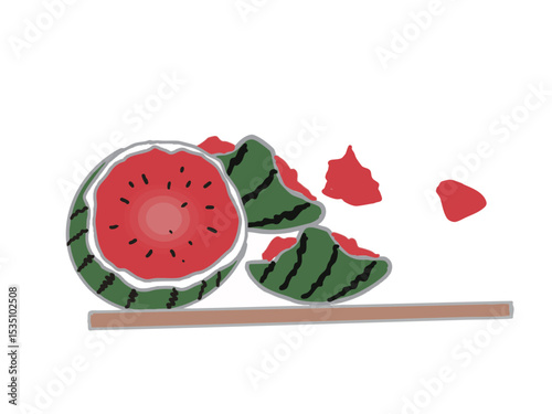 Illustration of a broken watermelon and a stick used in a watermelon splitting event on the beach