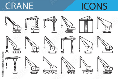 A set of crane and construction machinery icons, perfect for industrial, engineering, and construction projects