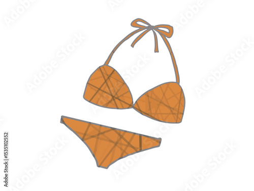 Illustration of a set of orange patterned bikinis