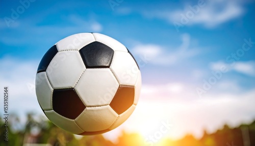 Soccer ball in flight, vibrant sky