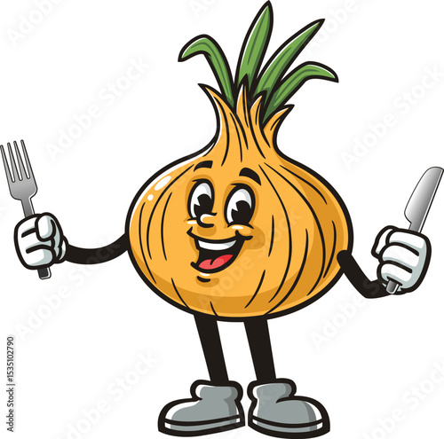 Cartoon character onion holding fork and knife