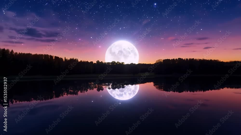 A crescent moon ascends over mirrored lake while sunset colors ripple water seamless video K loop offering tranquil magical ambience meditation streams dreamy title cards
