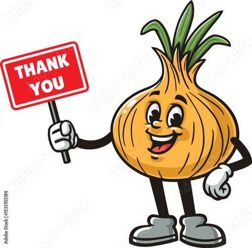 Cartoon onion character holding a thank you sign