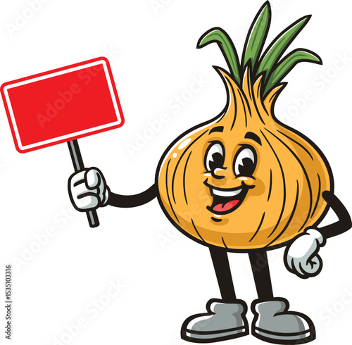 Cartoon onion character holding a blank sign