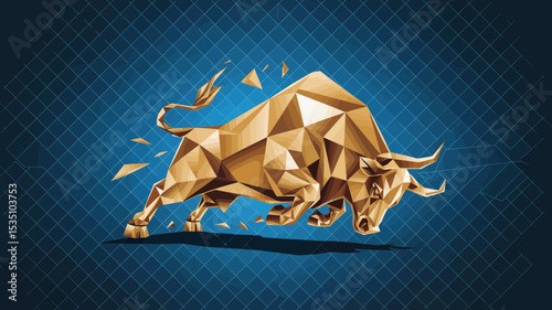 A majestic golden bull charging forward a low poly design perfect for branding financial logos and corporate identity