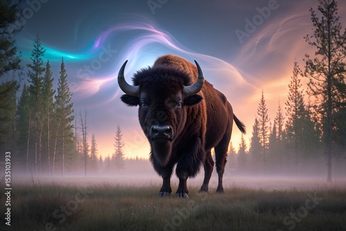 A majestic American bison, its brown fur glistening with dew, standing regally in the middle of a mysterious autumn forest, shrouded in a thick layer of fog,