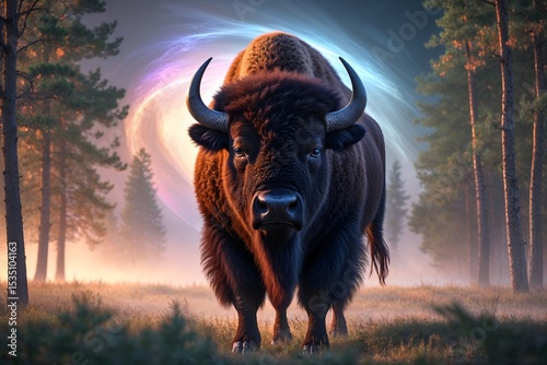 A majestic American bison, its brown fur glistening with dew, standing regally in the middle of a mysterious autumn forest, shrouded in a thick layer of fog, photo