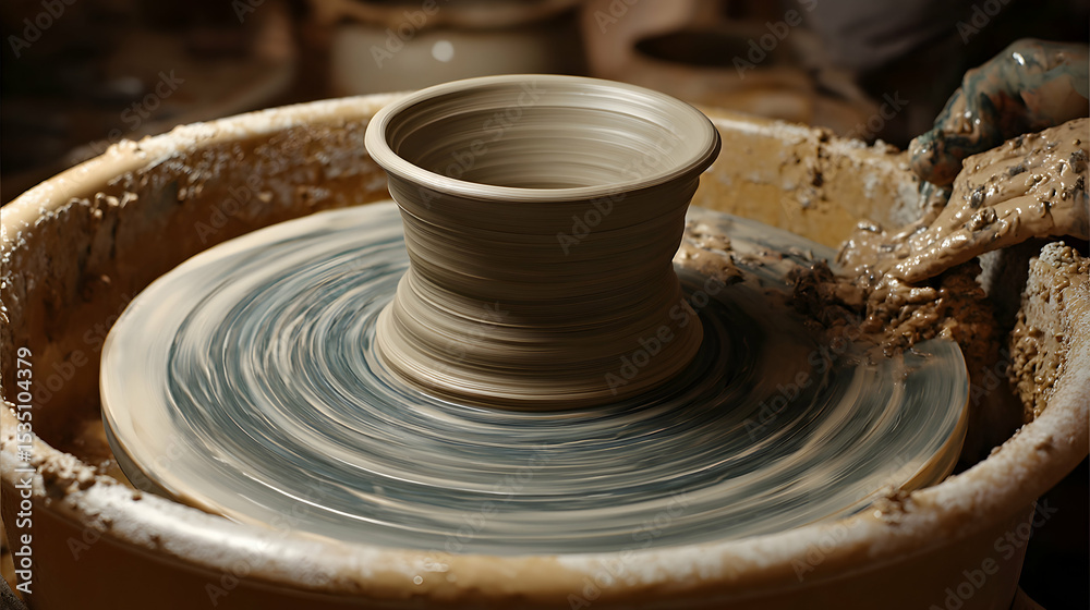Pottery Wheel Close-up - Forming Clay into a Pot by Hand on a Rotating Wheel with a Blurred Motion Effect in Warm Light Pottery Wheel Close-up - Forming Clay into a Pot by Hand on a Rotating Wheel with a Blurred Motion Effect in Warm Light