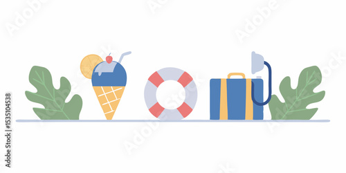 Illustration showing summer vacation icons including ice cream, life preserver and suitcase items in view