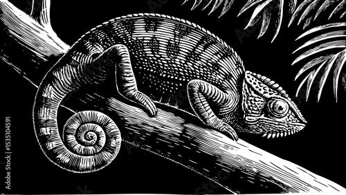 chameleon clinging to a branch with textured skin and curled tail black and white sketch vector