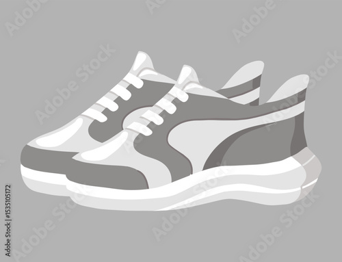 Flat vector hand drawn illustration of a pair of colorful sport sneakers. Isolated on a gray background, perfect for fitness, training, and active lifestyle themes.