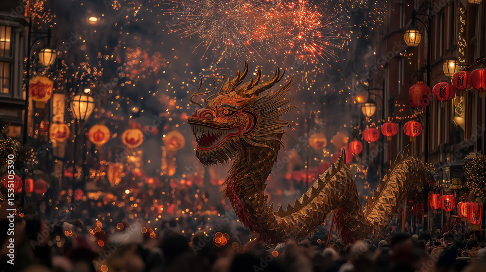 Obraz premium Lively Lunar New Year Parade with Dragon Dance and Fireworks in China