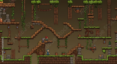 Pixel Art Game Level Design with Multiple Platforms and Ladders