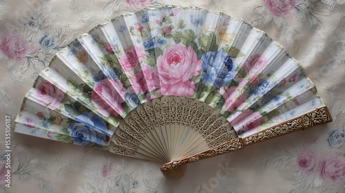 Stunning photo of floral decorative hand fan with pink and blue roses at Rococo style on soft fabric background.
