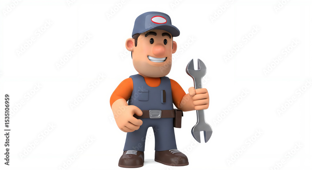mechanic with a wrench in his hands cartoon character, 3D rendering in high resolution on white background mechanic with a wrench in his hands cartoon character, 3D rendering in high resolution on white background