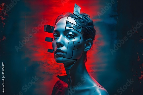 abstract portrait of a woman with a deconstructed face, divided into geometric shapes and swirling patterns, on a bright gradient background,