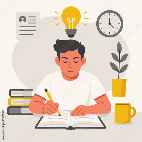Modern flat illustration of a boy studying with a yellow book, pencil and coffee surrounded by learning icons like clock, brain and lamp – ideal for academic productivity and focus vector illustration