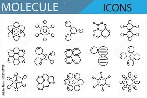 Line art illustrations of molecular structures and atomic models for educational use