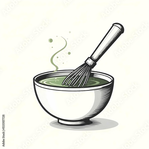 Minimalist black and white vector icon of a matcha whisk inside a bowl with powdered swirl, clean line art, no background