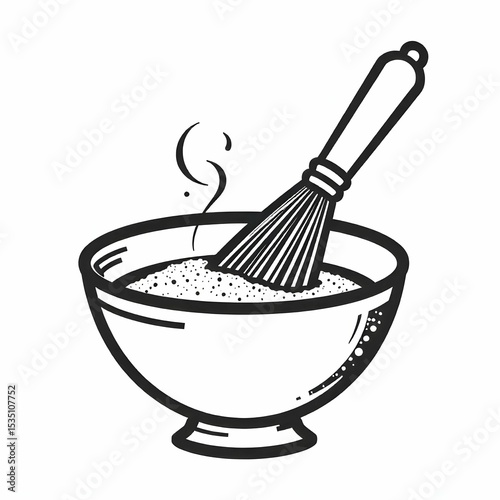 Minimalist black and white vector icon of a matcha whisk inside a bowl with powdered swirl, clean line art, no background
