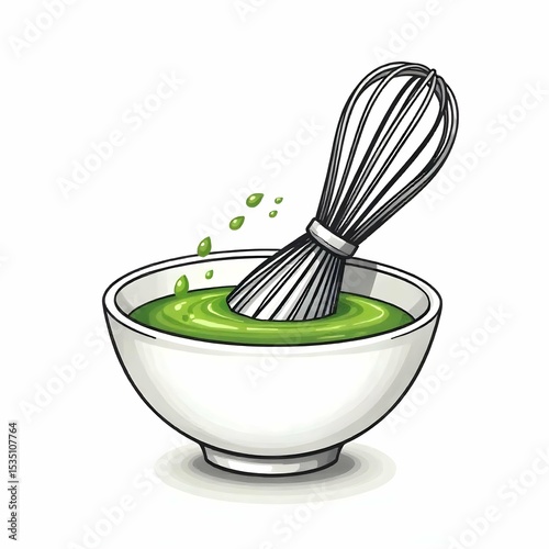 Minimalist black and white vector icon of a matcha whisk inside a bowl with powdered swirl, clean line art, no background