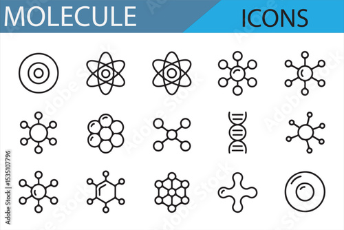 Icon collection representing atoms, molecules, and chemical structures for science projects