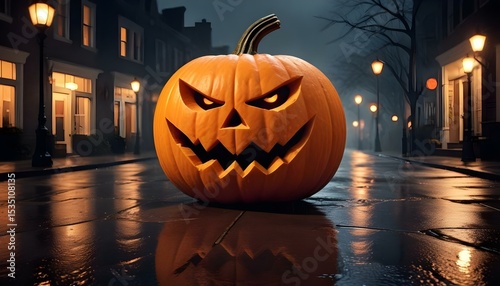 A carved Halloween pumpkin glows menacingly on a wet, dark street at night. photo