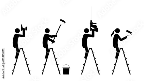 Set of stick figures, construction and repair. Work on the stairs, flat vector illustration.