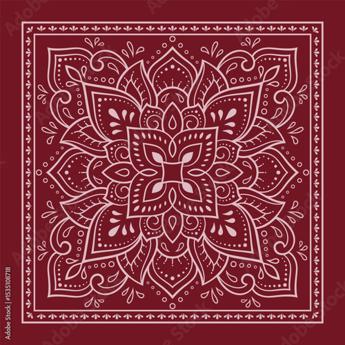 Circular pattern in form of mandala with flower for Henna, Mehndi, decoration. Red decorative ornament in ethnic oriental style for a bandana. Outline doodle hand draw vector illustration.