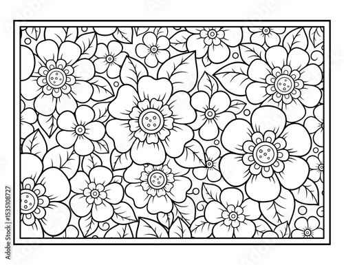 Outline floral pattern in mehndi style for coloring book page. Antistress for adults and children. Doodle ornament in black and white. Hand draw vector illustration.