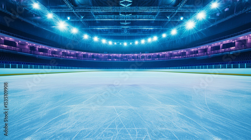 Empty ice rink with a smooth surface, viewed from the stands, under soft lighting. A serene and minimalist sports moment.