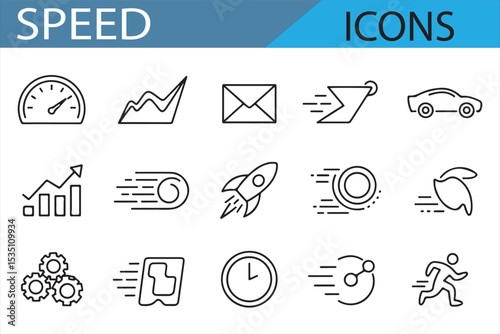 Simple vector icons of fast cars, rockets, and timer clocks for speed-based designs