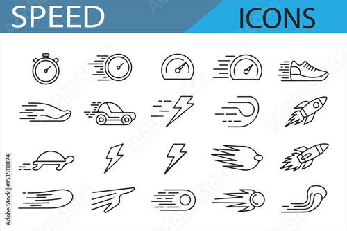Flat design icons for fast movement, vehicles, and time-related concepts like countdown and speedometer