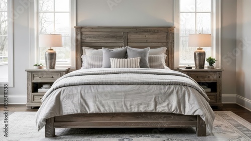 Bright and Cozy Bedroom Interior with Wooden Furniture and Neutral Decor Elements