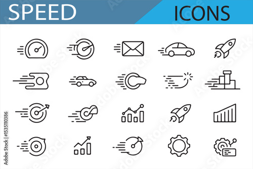 A set of motion-related icons including speedometers, cars, rockets, and rapid animals