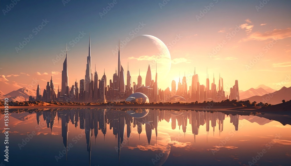 Fototapeta premium Futuristic Cityscape at Sunset Reflective Skyline Modern Architecture.